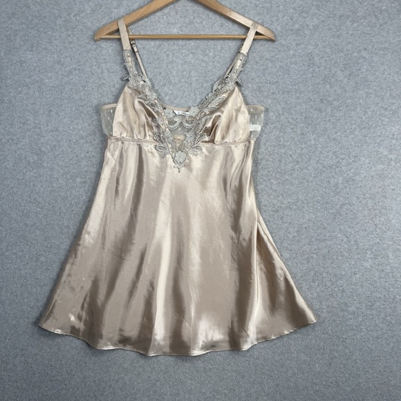 FLORA Other - Flora Champagne Satin Chemise Slip Dress Size M Lace Trim V-Neck Babydoll Fairy